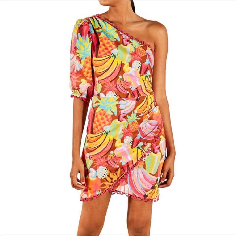 FARM RIO ANTHRO ONE SHOULDER FRUIT SALAD PINK MULTI COLORFUL MINI DRESS S